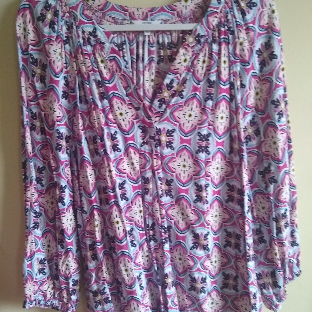 Crown&Ivy peasant top, pink, magenta, navy, baby blue, gold, smocked neck